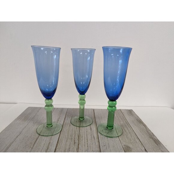 French Style Set of 3 Wine Drinking Glasses 8 5/8" Tall Blue Green Stem - Picture 2 of 9